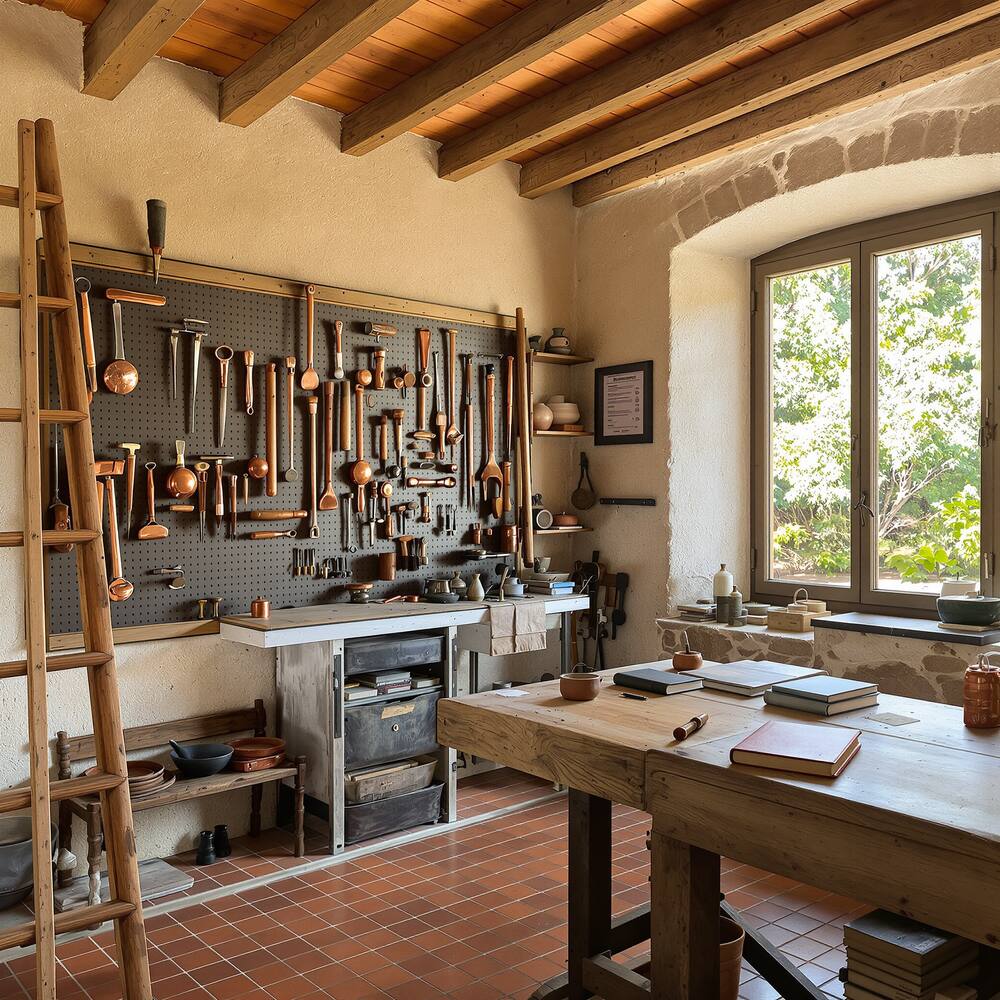 Atelier d'artisan, outils et matières en lumière chaude