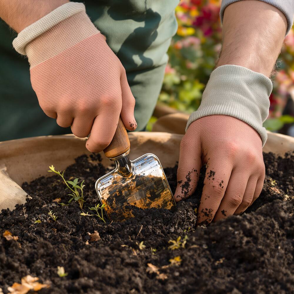 Mains de paysagiste plantant en automne
